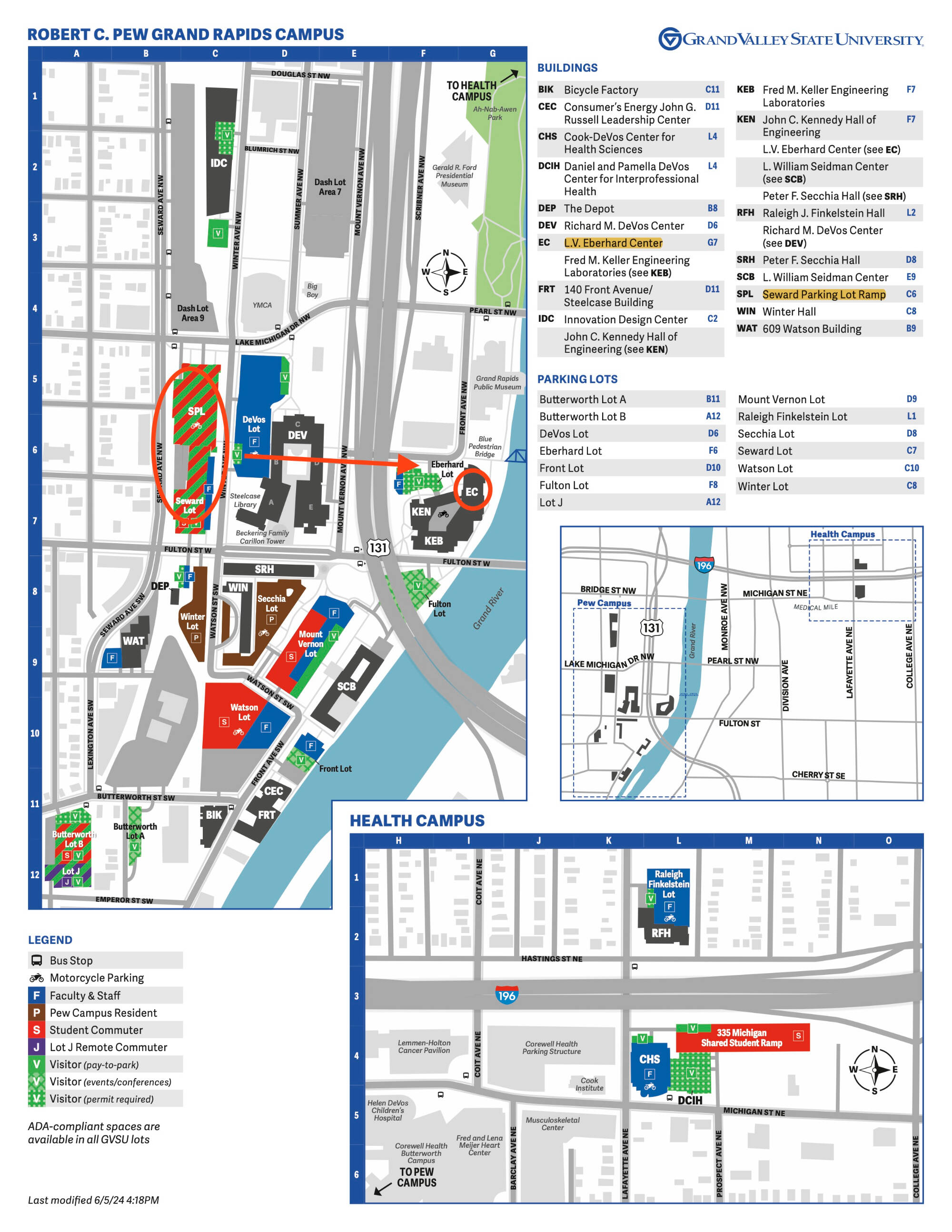 Map of GVSU City Campus with the Seward Parking Ramp and Eberhard Center circled and an arrow between them.